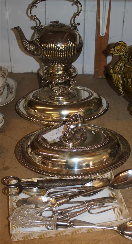 2 tureens, silver plated kettle on stand, cutlery etc